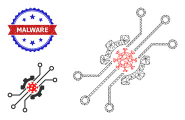 Mesh artificial virus wireframe icon, and bicolor unclean Malware seal stamp. Polygonal wireframe illustration created from artificial virus icon.
