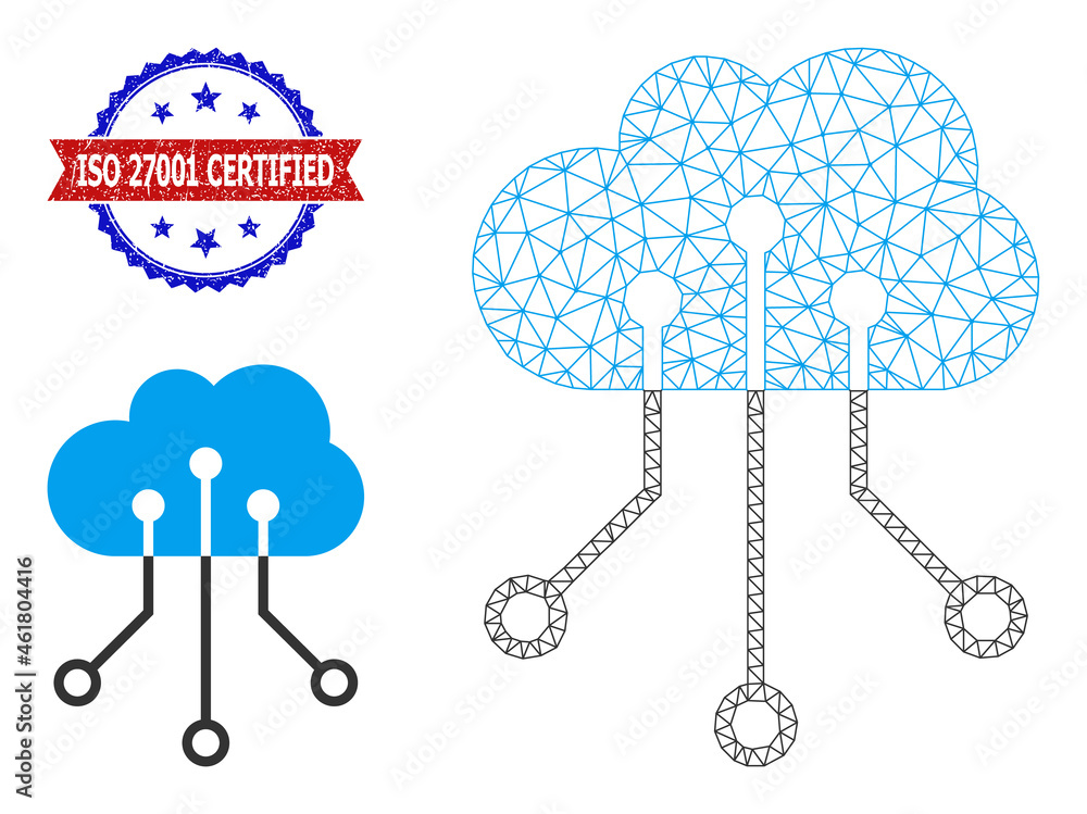 Poster network cloud network wireframe icon, and bicolor textured iso 27001 certified seal stamp. mesh wire