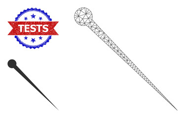 Net needle wireframe illustration, and bicolor unclean Tests watermark. Polygonal wireframe illustration is based on needle icon. Vector watermark with Tests tag inside red ribbon and blue rosette,
