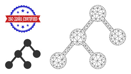 Net binary structure carcass icon, and bicolor unclean ISO 22001 Certified watermark. Mesh carcass illustration is based on binary structure icon.