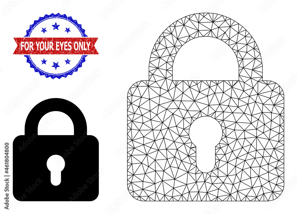 Poster mesh lock framework icon, and bicolor grunge for your eyes only seal stamp. mesh wireframe image bas