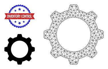 Mesh gearwheel model illustration, and bicolor scratched Inventory Control seal stamp. Polygonal carcass illustration is designed with gearwheel pictogram.