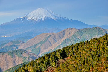 朝の丹沢山地より望む富士山　丹沢　二ノ塔より富士山、右奥が伊勢沢ノ頭、檜岳、手前が三ノ塔尾根
