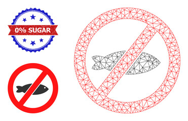 Mesh forbidden fish carcass icon, and bicolor textured 0% Sugar watermark. Mesh wireframe illustration is designed with forbidden fish icon.