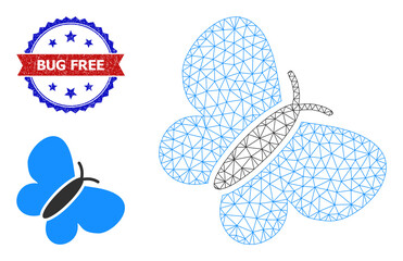 Net butterfly wireframe icon, and bicolor unclean Bug Free seal. Mesh wireframe illustration is designed with butterfly icon. Vector seal with Bug Free title inside red ribbon and blue rosette,