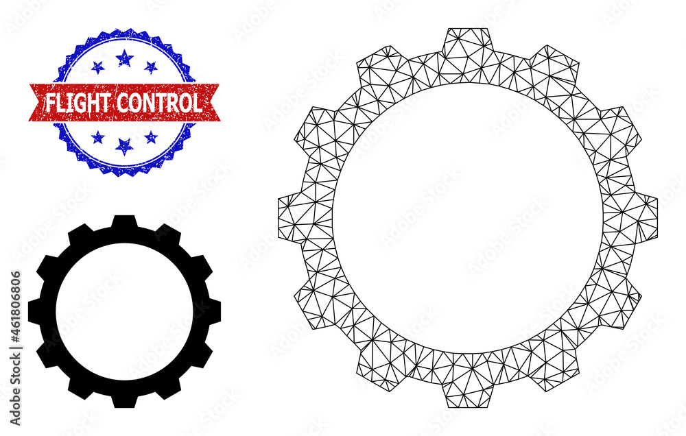 Poster triangular gear carcass icon, and bicolor rubber flight control seal. mesh wireframe illustration de
