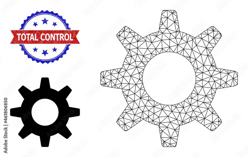Poster net cogwheel model icon, and bicolor grunge total control seal stamp. mesh wireframe image designed 