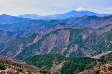富士山と丹沢山地　表尾根の三ノ塔より眺める　丹沢　三ノ塔山頂より金時山、愛鷹山、富士山、その手間が伊勢沢ノ頭、檜岳