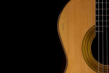 acoustic guitar body close up on black background