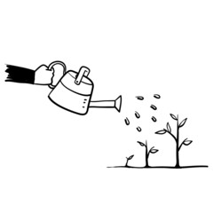 hand drawn doodle watering plants concept illustration © devitaayu