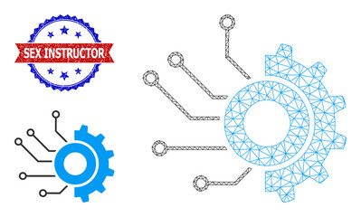 Net gear electronic factory wireframe icon, and bicolor dirty Sex Instructor seal stamp. Polygonal wireframe symbol is based on gear electronic factory icon.