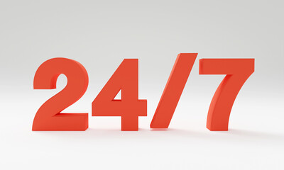 3D Open 24 hours 7 days button icon on a white background, service concept, red text, 3D rendering.	
