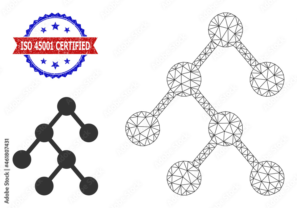 Poster mesh binary relations wireframe icon, and bicolor rubber iso 45001 certified stamp. mesh wireframe i