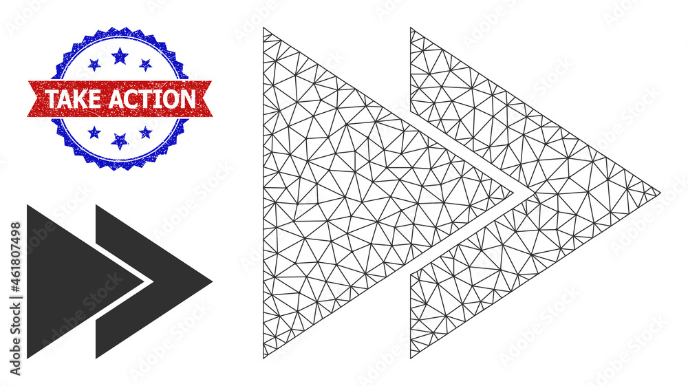 Poster triangular fast forward framework illustration, and bicolor textured take action watermark. polygona