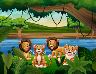 Cartoon illustration of cute lions and tigers in the nature