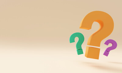 3D Rendering Many question marks of Multicolor with shadow and blank background, used for banner, copy space, High detailed 3D font character.