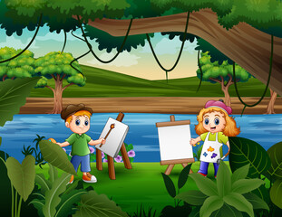Two children are happy to paint by the river