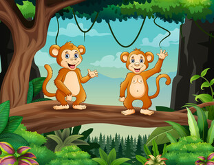 Cartoon two cute monkeys standing on wood