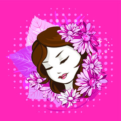 woman lineart bg icons illustration vector purple vintage blue flowers leaf pink octuber