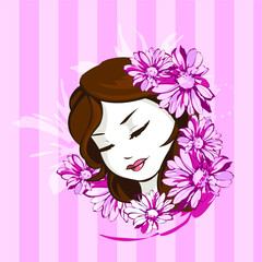 woman lineart bg icons illustration vector purple vintage flowers leaf pink octuber