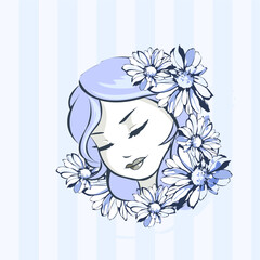 woman lineart bg icons illustration vector purple vintage blue flowers leaf pink octuber