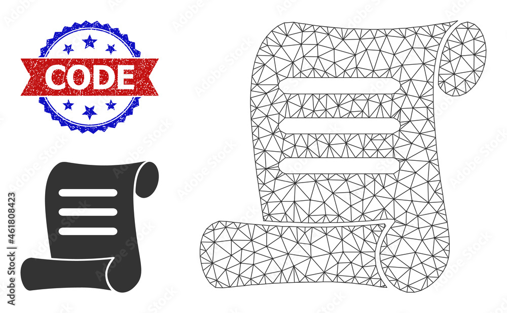 Poster polygonal document roll model illustration, and bicolor textured code seal stamp. polygonal wirefram