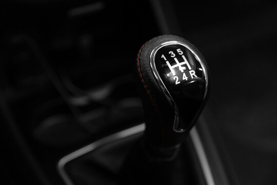Close-up view of the automatic gearbox lever. Interior car,  automatic transmission gearshift stick