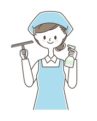スプレー洗剤とスクイージーを持つエプロン姿の女性