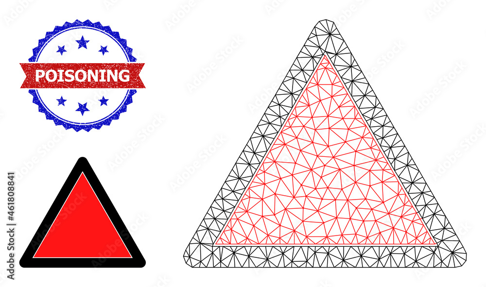 Poster mesh danger triangle template wireframe icon, and bicolor unclean poisoning stamp. mesh carcass imag