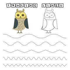 Trace line worksheet with animals owl for kids, practicing fine motor skills.  Educational game for preschool children. 