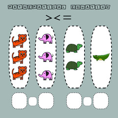 Developing activities for children, compare which more  turtles, elephants, tigers, crocodiles. Logic game for children, mathematical inequalities.
