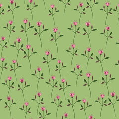 Organic wildflower seamless pattern on green background.