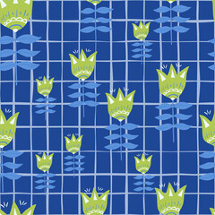 Retro style flower folk art seamless pattern on lines background.