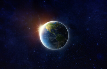 Save our World. Blue Planet Earth on space show America, USA, World map, Universe, Star field in space, Earth day, Save environment, Earth eclipse Sun concept. World 3D render image furnished by NASA.