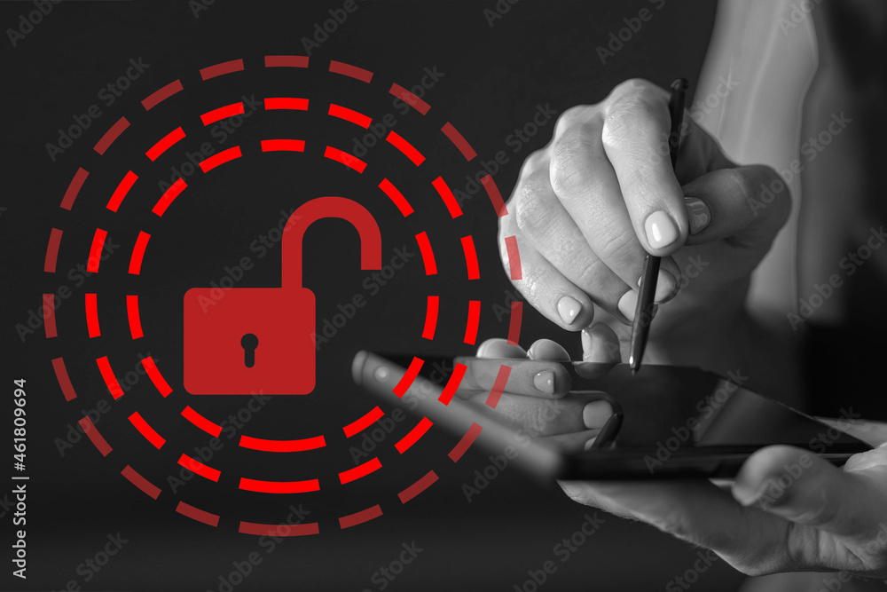 Aufkleber smartphone unblocking concept. open padlock sign next to phone. removing protection from phone. ente