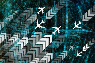 Dark background with silhouettes of airplanes. Background on the theme of air travel. Dark background airport. Wallpaper symbolizing air travel. Texture with illustration aircraft. Air pattern.