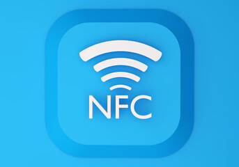 NFC technology. White logo NFC technology. Concept tag for NFC payment. Near field communication technology. Payments using Near field communication. Near field communication on turquoise background