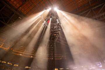 Lighting equipment at concert venue. Metal structure with lanterns on top. Metal structure for...