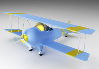 Colorful biplane. Airplane on gray background. Visualization of baby biplane. Airplane with propeller in childish style. Three-dimensional biplane model. Aviation modeling. 3d rendering.