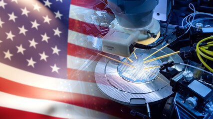 Microprocessor manufacturing in USA. USA flag next to production equipment. Microelectronics market of America. Microelectronics manufacturing in United States of America. Microelectronics Factory