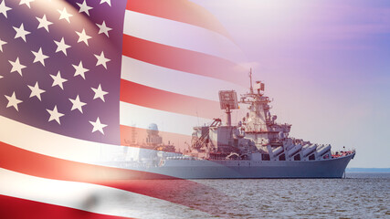 Naval Forces USA. Large warship with missiles. America's flag next to warship. United States...
