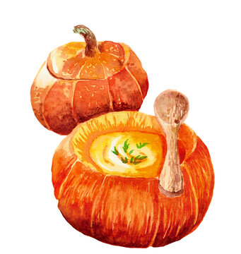 Watercolor Illustration A Pumkin Soup