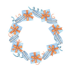 Hand-drawn wreath of gifts and macaroons. Watercolor vintage illustration on the theme of birthday. Isolated on a white background. For your design.