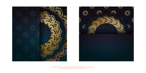 Fototapeta na wymiar Greeting Leaflet with a gradient of green color with a gold mandala pattern for your design.
