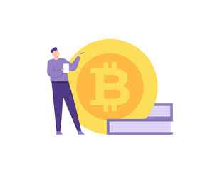 trading and investment training or courses. learning about bitcoin. illustration of a teacher explaining about bitcoin or crypto currency. work and profession. flat cartoon style. vector design