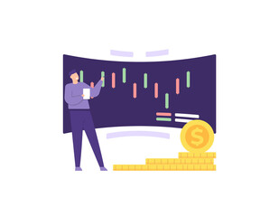 trading and investment training or courses. learning about being a great trader. illustration of a teacher or tutor explaining how to read charts in trading. work and profession. flat cartoon style