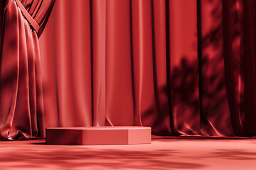 Red platform on red curtain scene , sunshade and trees shadow on background. Abstract background for product or ads presentation. 3d rendering