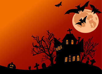 Halloween background haunted house dead tree cemetery graveyard tomb and jack o lantern decoration,bats fly and moon