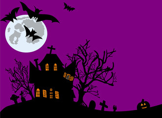 Halloween background haunted house dead tree cemetery graveyard tomb and jack o lantern decoration,bats fly and moon