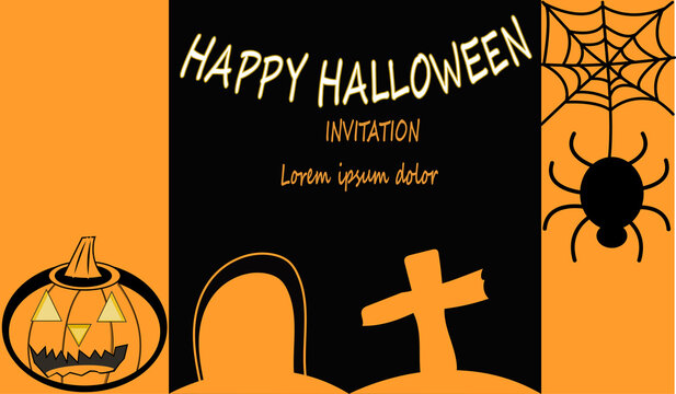 halloween orange black illustration cartoon spider cemetery ghost and jack o lantern in night silhouette for party invitation card